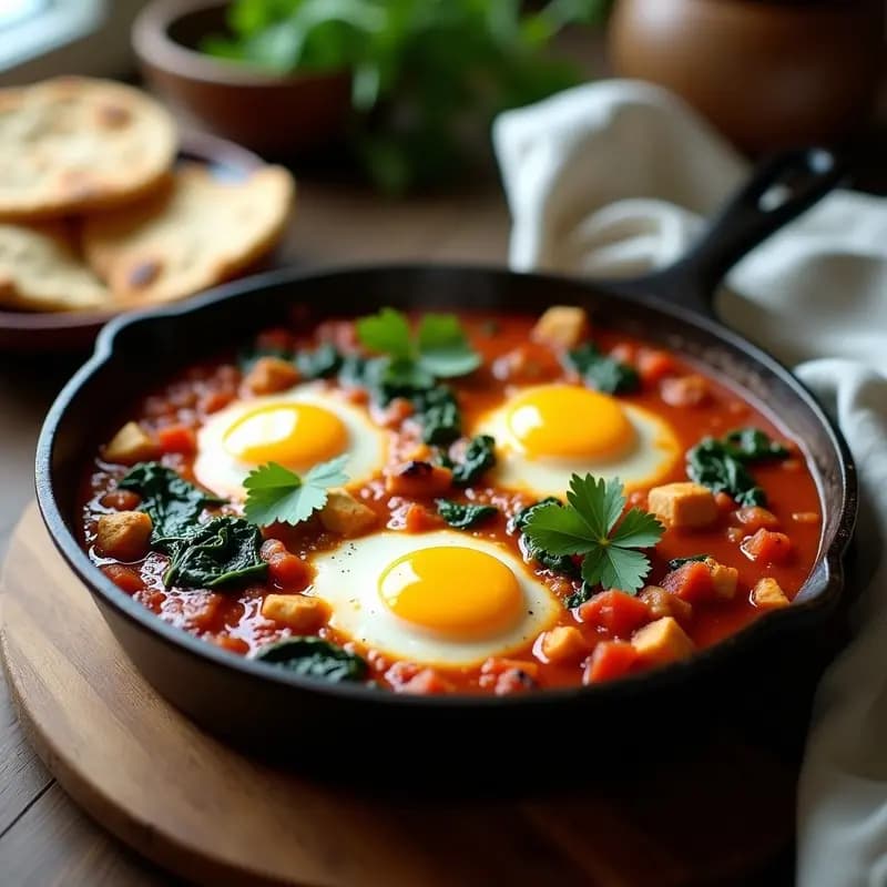 Sartén de hierro fundido con shakshuka vegana de tofu desmenuzado y espinacas, bañada en salsa de tomate especiada con comino y pimentón, decorada con cilantro fresco y servida con pan de pita al lado.