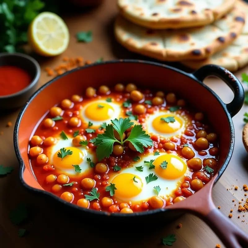 Cazuela de barro con shakshuka marroquí vegana: salsa de tomate espesa con garbanzos, rodajas doradas de tofu marinado, almendras tostadas y cilantro fresco. Acompañada de pan de pita integral tostado y un cuenco de harissa.