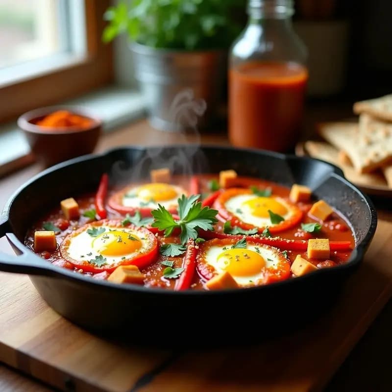 Sartén de hierro fundido con shakshuka de tofu y pimientos asados bañados en salsa de tomate especiada con ras el hanout. Tofu sedoso dorado, perifollo fresco y pan de pita integral tostado al lado. Plato colorido y aromático, típico desayuno marroquí vegano.