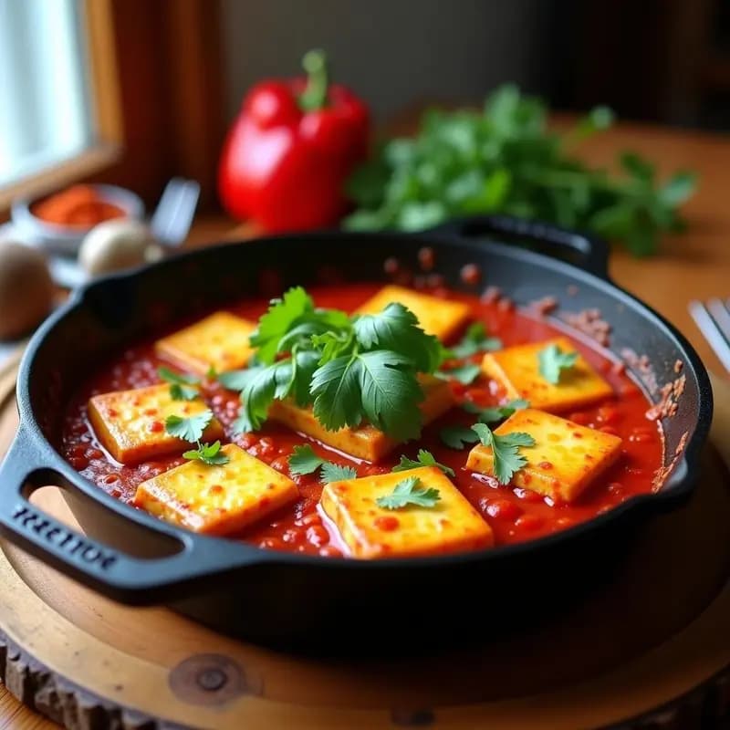 Sartén de hierro con shakshuka de tofu desmenuzado, pimientos rojos asados y queso vegano derretido, decorada con cilantro fresco. Receta norteafricana vegana alta en proteína.
