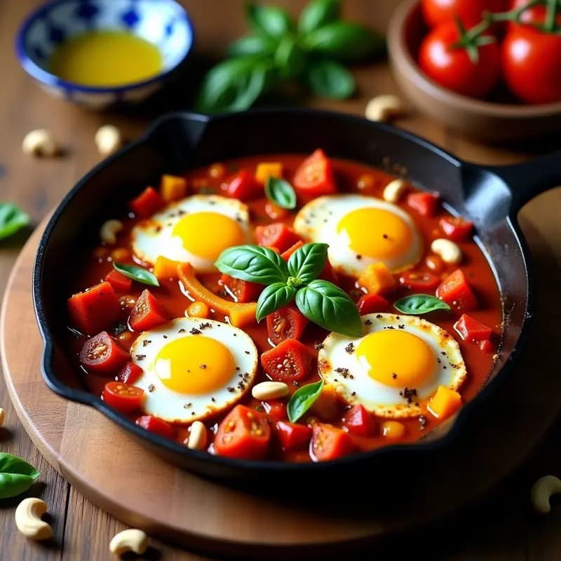 Sartén de hierro fundido con shakshuka vegana de tofu desmenuzado, pimientos asados rojos y amarillos en tiras, tomates secos y anacardos tostados, decorada con hojas de albahaca fresca sobre fondo de madera rústica.