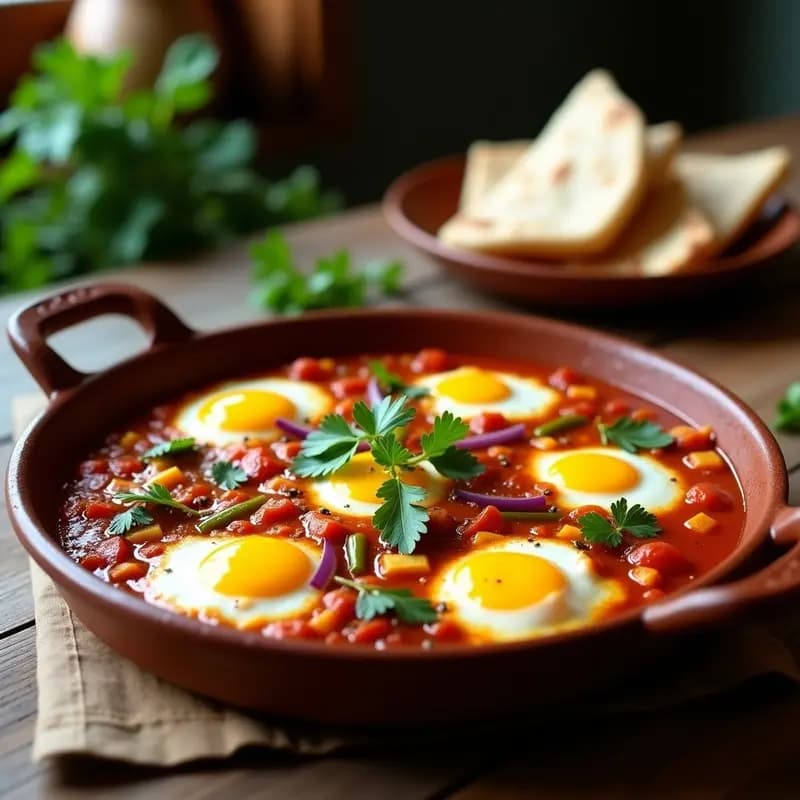 Cazuela de barro con shakshuka iraquí vegana: salsa espesa de tomate y pimientos verdes con cubos de tofu dorado y huevos de lino cuajados, decorados con cilantro fresco.
