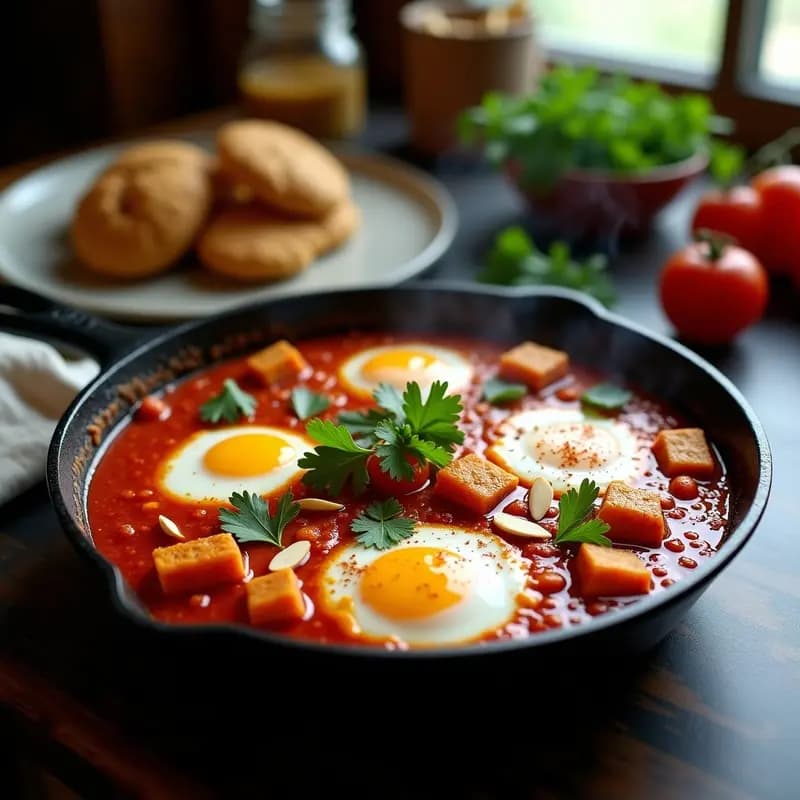 Sartén de hierro fundido con shakshuka vegana de tomates secos y tofu desmenuzado, bañada en una salsa espesa de tomate y especias Ras el Hanout, decorada con perejil fresco y un toque de pimentón ahumado. Plato tradicional marroquí reinventado sin huevos.