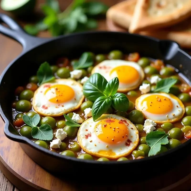 Sartén de hierro fundido con shakshuka de tomates verdes y queso feta, huevos pochados con yemas líquidas, espolvoreada con cilantro fresco y rodeada de pan de pita dorado. Desayuno marroquí con toque ácido y vibrante.