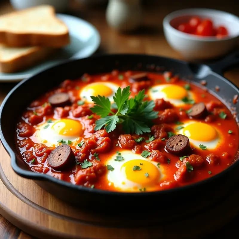 Sartén de hierro fundido con shakshuka tunecina con chorizo vegano, huevos pochados en salsa de tomate especiada, cilantro fresco y trozos de pimiento rojo asado. Plato colorido y apetitoso, ideal para desayuno alto en proteína y sin gluten.