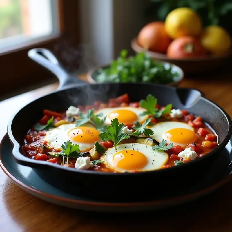 Sartén de hierro fundido con Shakshuka Tunecina con Feta y Hierbas Frescas: huevos con yemas líquidas en salsa de tomate espesa, cubiertos de queso feta desmenuzado, cilantro, menta y perejil fresco, sobre fondo rústico de madera.
