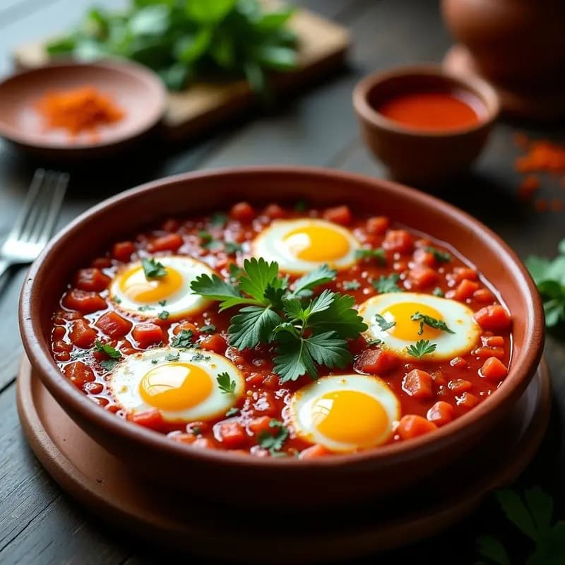 Plato hondo de barro con Shakshuka Tunecina: salsa espesa de tomate y pimiento rojo con huevos de codorniz pochos, espolvoreada con cilantro fresco y un toque de pimentón ahumado. Receta en olla express y sin gluten.