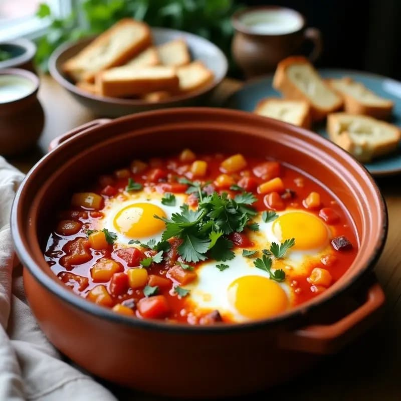 Olla lenta negra con **Shakshuka Tunecina vegana**: salsa espesa de tomate y pimientos asados, con huevos de lino cuajados y trozos de tofu dorado, decorada con perejil fresco y cilantro. Plato tradicional norteafricano adaptado sin huevos, servido en un bol de barro rústico.