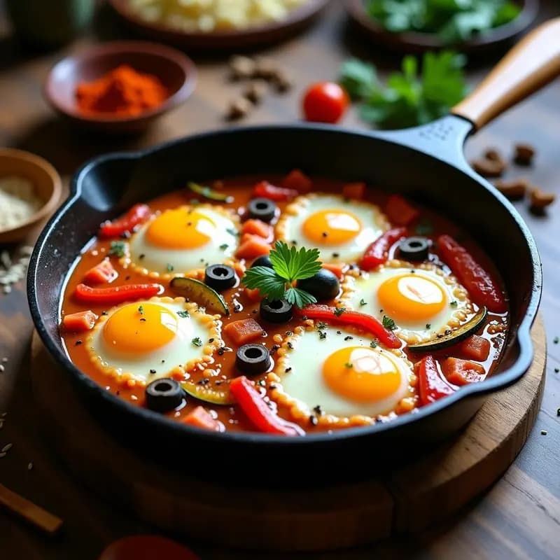 Sartén de hierro fundido con shakshuka tunecina con meridiana, huevos pochados sobre salsa cremosa de yogur y tahini, espolvoreada con menta fresca y especias norteafricanas.