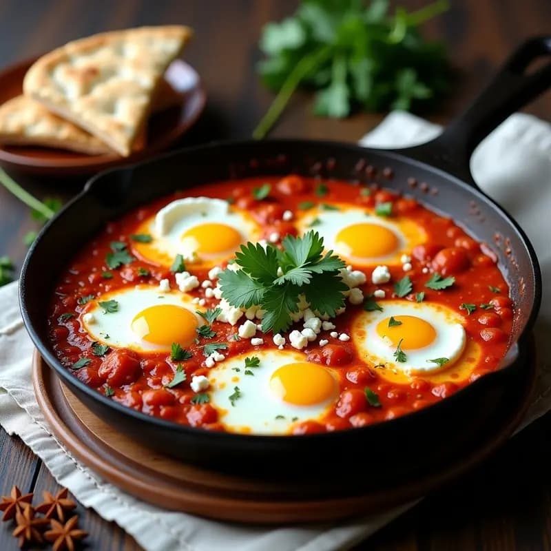 Sartén de hierro fundido con shakshuka tunecina auténtica: salsa espesa de tomate rojo oscuro con especias, huevos pochados con yemas líquidas y perejil fresco espolvoreado, lista para desayunar como en el Norte de África.