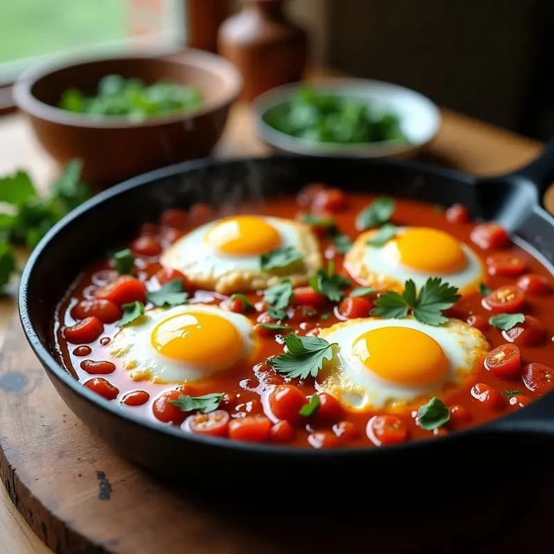 Sartén antiadherente con Shakshuka Tunisiana de merluza y huevos, salsa espesa de tomate y pimientos con especias, huevos con yema líquida y filetes de merluza cocinados, decorado con cilantro fresco.