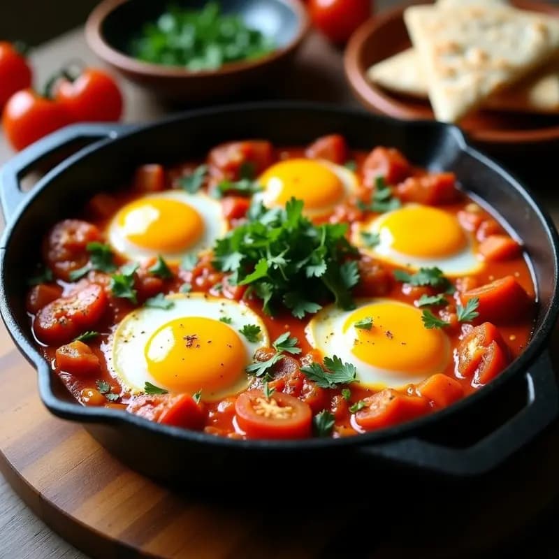 Sartén de hierro fundido con shakshuka tunisina con merluza: huevos pochados con yemas líquidas sobre una salsa espesa de tomate rojo, trozos de merluza blanca y especias, decorada con cilantro fresco y limón confitado picado.