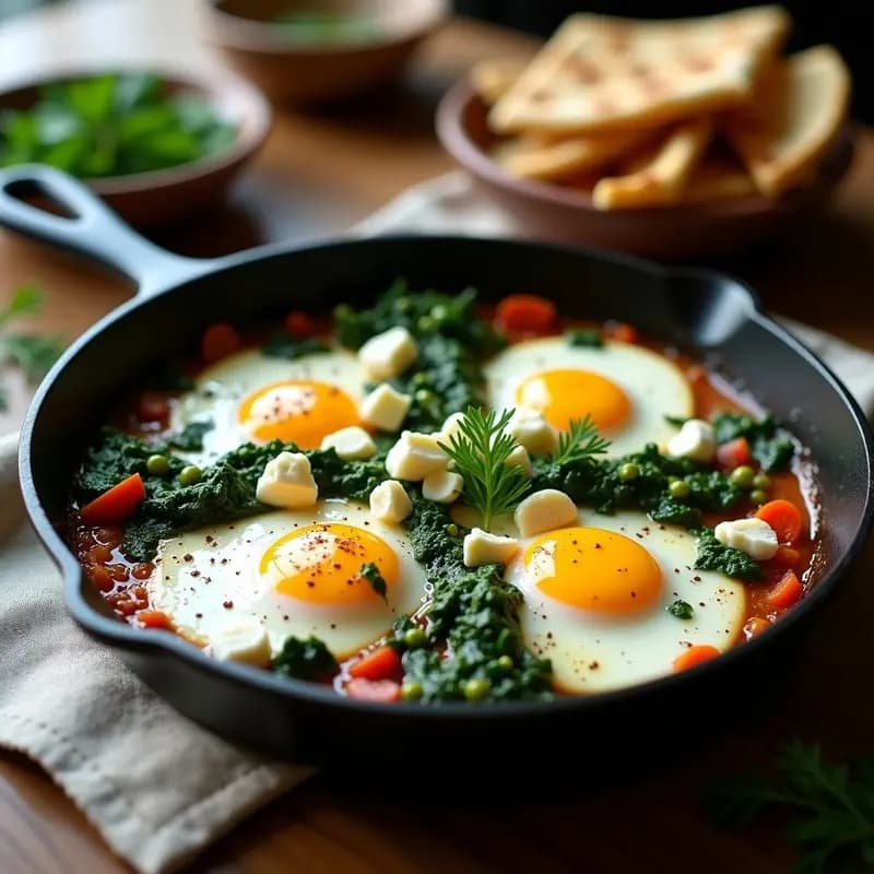 Sartén de hierro con shakshuka turca: huevos escalfados sobre una salsa espesa de tomate, espinacas y pimentón, cubiertos de queso beyaz peynir desmenuzado y eneldo fresco. Desayuno proteico lista para servir.