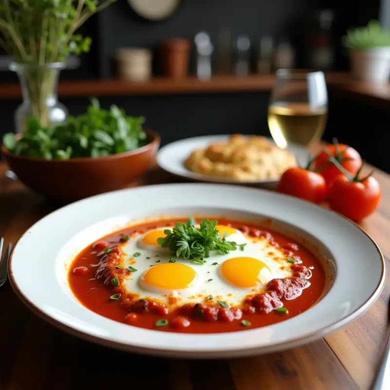 Sartén de hierro fundido con shakshuka turca: huevos pochos en salsa de tomate espesa con yogur cremoso, hierbas frescas como perejil y menta, y un toque de pimienta de Alepo. Acompañado de pan pita tostado.