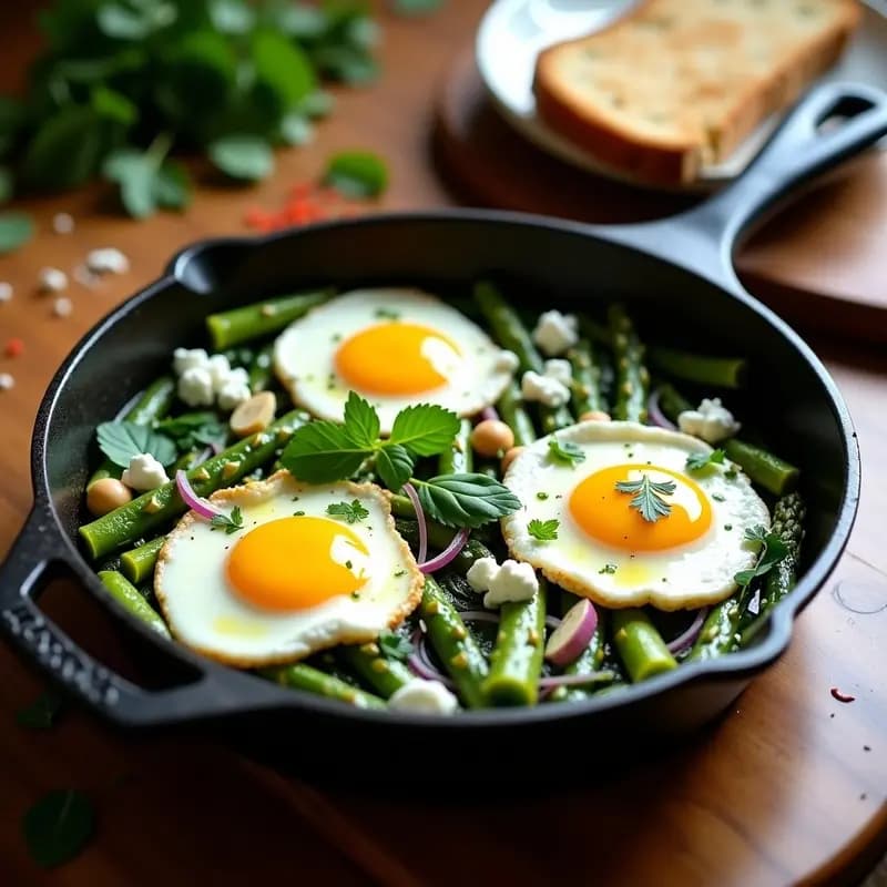 Sartén de hierro con shakshuka verde: huevos pochados sobre una base cremosa de espárragos trigueros, espinacas y pimiento verde, coronados con queso feta desmenuzado y hojas de cilantro fresco. Desayuno norteafricano alto en fibra con texturas vibrantes.