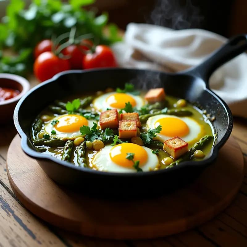 Sartén de hierro con shakshuka verde tunecina: huevos escalfados sobre salsa verde de espárragos, tomates cherry y especias, coronados con cubos dorados de queso halloumi y hierbas frescas.