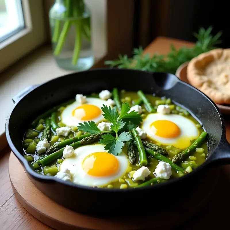 Sartén de hierro con shakshuka verde primaveral: huevos escalfados en salsa de espárragos trigueros, tomates verdes y queso feta desmenuzado, decorada con hierbas frescas y pimienta de Alepo.