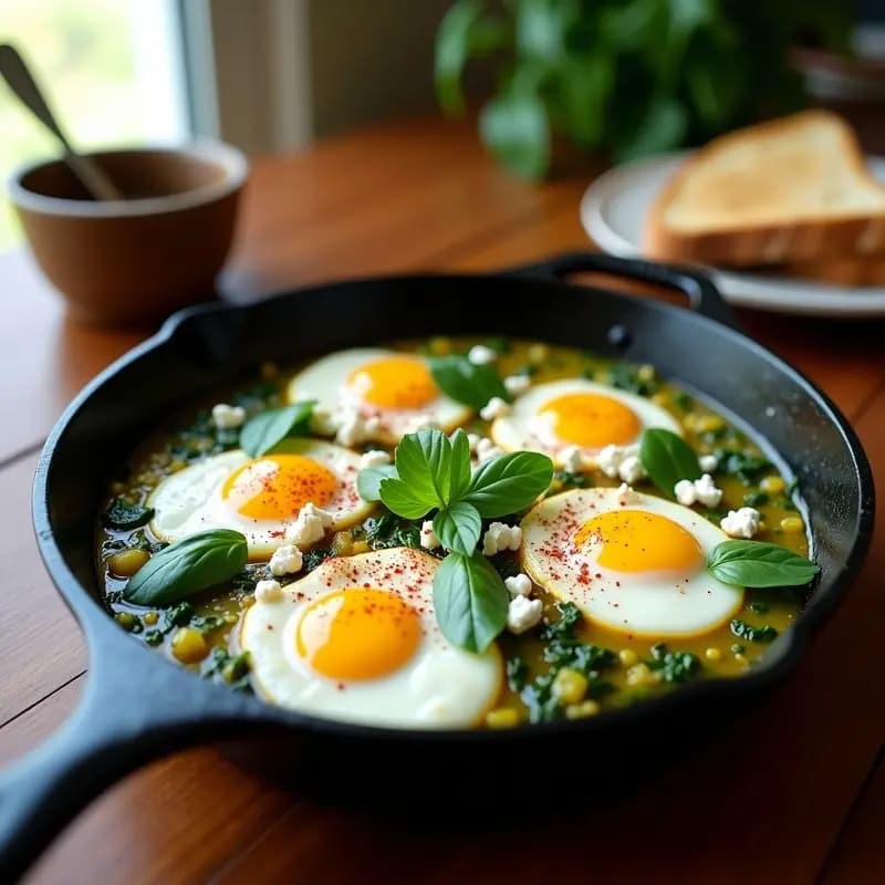 Sartén antiadherente con shakshuka verde bajo en calorías, huevos pochados sobre una base de espinacas salteadas con pepino, apio y cilantro, coronados con queso feta desmenuzado y perejil fresco. Plato colorido y vibrante con tonos verdes y blancos, típico del desayuno norteafricano saludable.