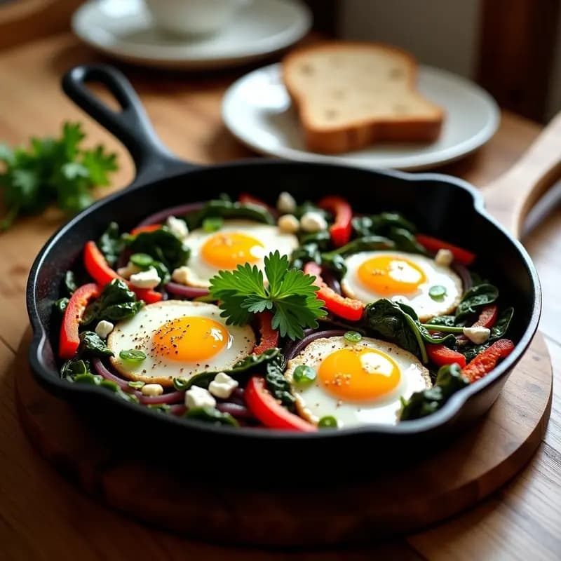 Sartén de hierro fundido con shaksuka israelí: huevos pochados sobre una base espesa de tomate, espinacas frescas y trozos de queso feta desmenuzado. Decorada con perejil fresco y acompañada de pan integral tostado.