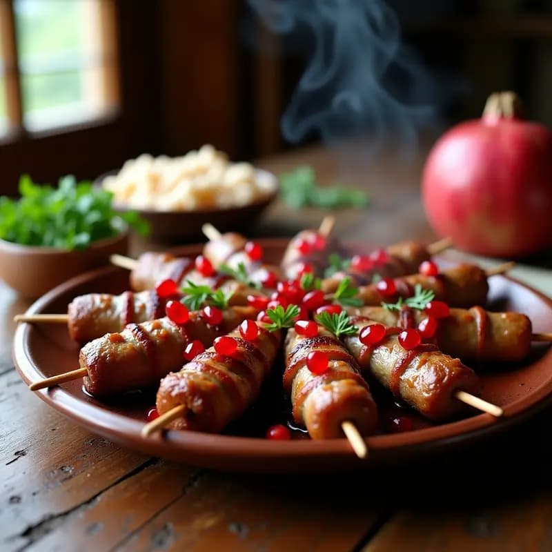 Brochetas doradas de shashlik de cordero con especias georgianas, decoradas con semillas de granada rojas y perejil fresco, servidas en una fuente de barro sobre un fondo rústico.