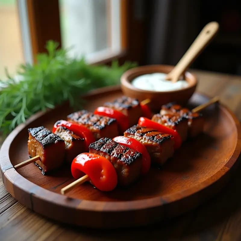 Brochetas de shashlik de cordero asadas en grill, con trozos dorados de carne, pimiento rojo y cebolla morada caramelizada. Plato rústico de madera con hierbas frescas al fondo.