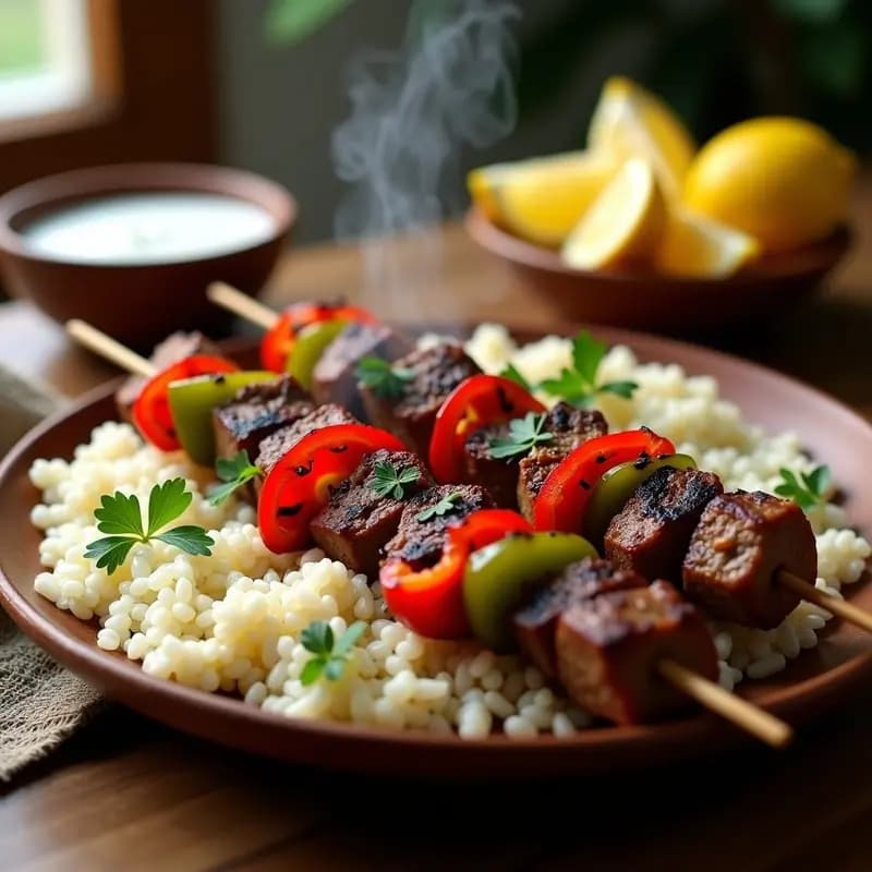 Brochetas de shashlik de cordero armeno con trozos jugosos de carne y pimientos asados rojos y verdes, servidas sobre una cama de arroz basmati esponjoso, decoradas con perejil fresco y acompañadas de yogur griego y rodajas de limón.