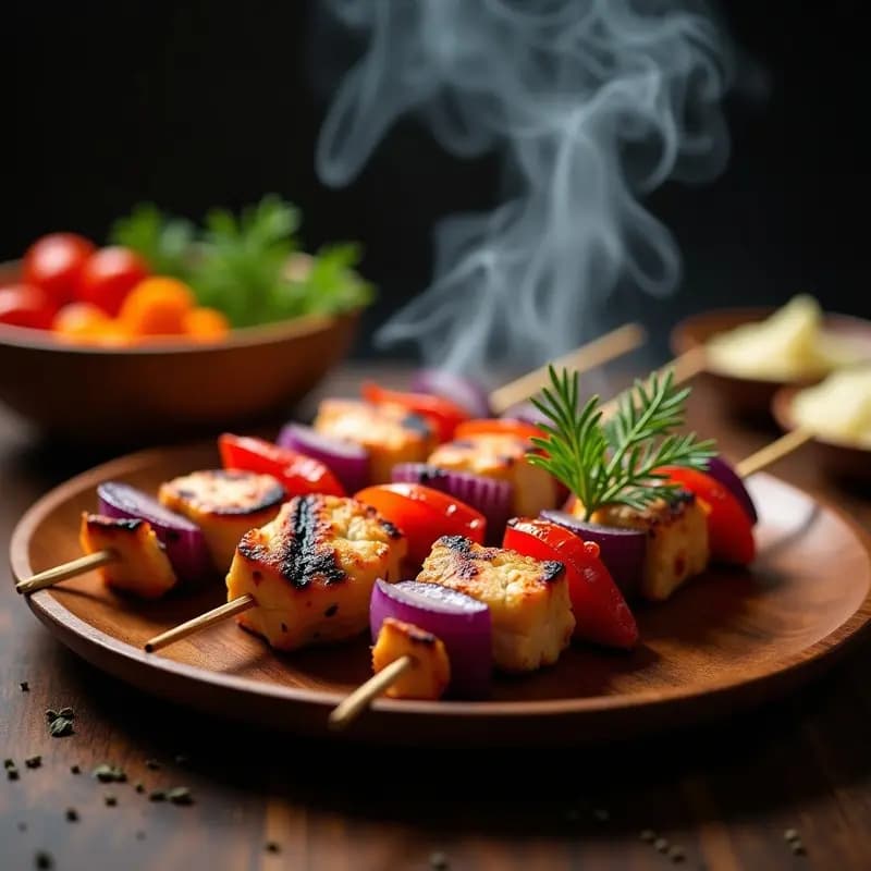 Brochetas rusas de Shashlik de pollo marinado con pimentón y yogur, doradas en el grill, con trozos de cebolla morada y pimiento rojo, servidas en una fuente de madera rústica con hierbas frescas.