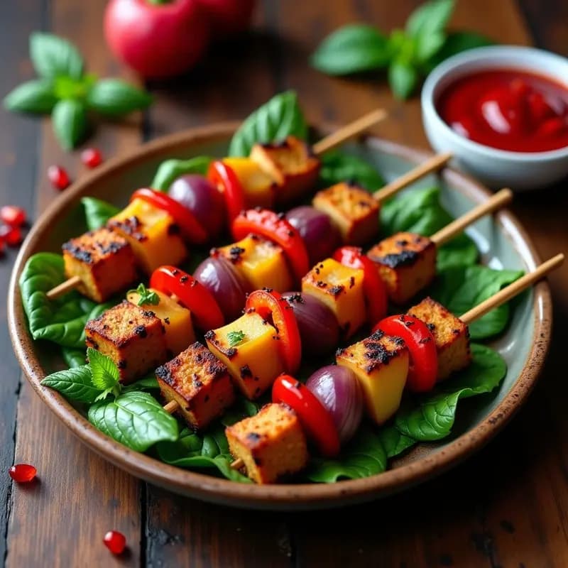 Brochetas rusas veganas de seitán dorado y pimientos asados en palillos de madera, servidas sobre una tabla de madera rústica con salsa de granada fresca y almendras fileteadas, acompañadas de hojas de menta.