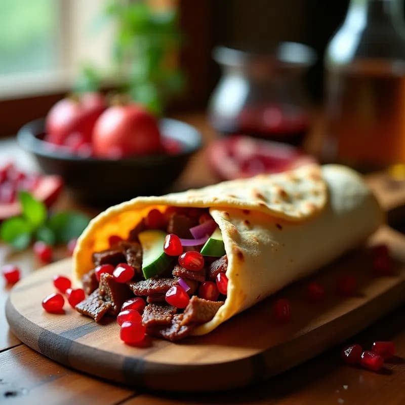 Shawarma armenio tradicional con pan de lavash dorado, relleno de tiras de cordero especiado, cebolla morada, pepino, tomate y salsa de granados brillante, servido en un plato de madera rústico con semillas de granada espolvoreadas.