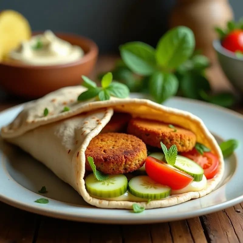 Plato de shawarma de falafel vegano en pan pita abierto, relleno de falafel dorado, salsa de tahini cremosa, pickles de pepino, lechuga fresca y tomates cherry, con texturas crujientes y colores vibrantes.