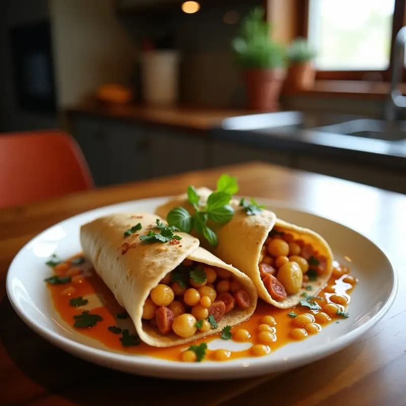 Wrap integral abierto mostrando un relleno colorido de shawarma vegano: garbanzos dorados y crujientes, berenjena asada en cubos, cebolla morada, tomate, pepino y salsa cremosa de yogur con menta, espolvoreado con semillas de sésamo. Plato sobre una tabla de madera rústica con especias al fondo.