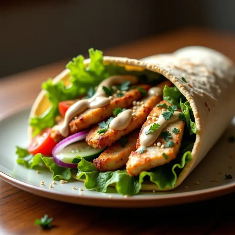 Wrap árabe integral relleno de shawarma de pollo dorado y jugoso, salsa de tahini cremosa, lechuga romana, tomate, pepino, cebolla morada y hojas de menta fresca, listo para comer en la calle.