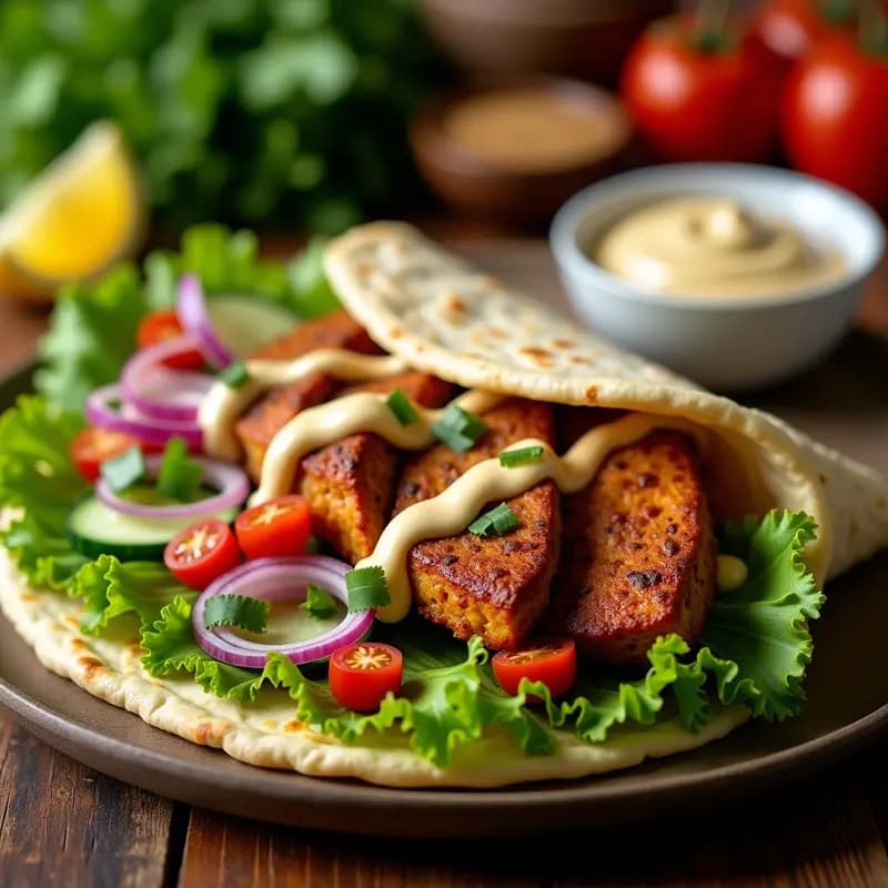 Wrap árabe vegano de shawarma de seitán y tahini, envuelto en papel de horno, con relleno de lechuga, tomate, pepino y cebolla morada, y salsa cremosa de tahini goteando. Plato alto en proteína con especias visibles.