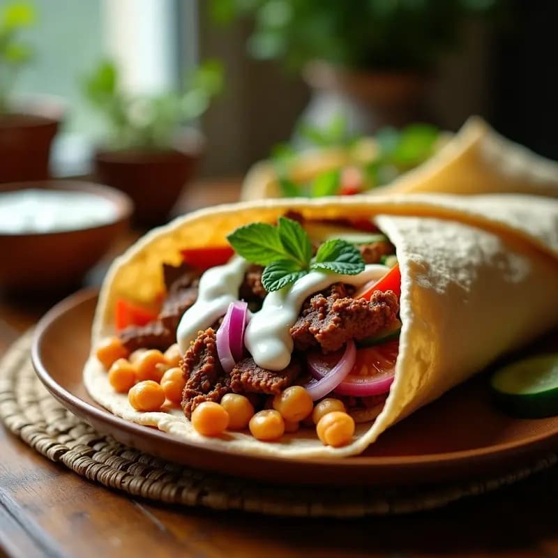 Wrap integral abierto mostrando en su interior láminas de shawarma de ternera dorada, garbanzos crujientes, cebolla morada, tomate, pepino y salsa de yogur cremosa, con hierbas frescas de menta y cilantro. Plato típico árabe con especias visibles y texturas contrastadas.