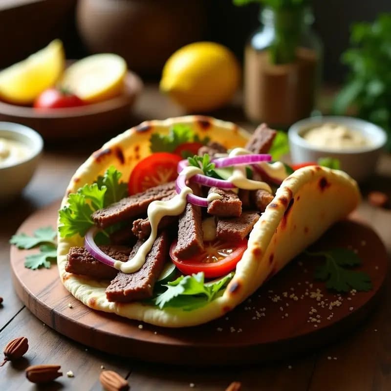 Shawarma de ternera tradicional en pan pita abierto, relleno de tiras de ternera jugosa marinada en especias árabes, rodajas de tomate, pepino, cebolla morada y lechuga, bañado con cremosa salsa de tahini. Plato servido en tabla de madera rústica con limones y hierbas frescas de fondo.