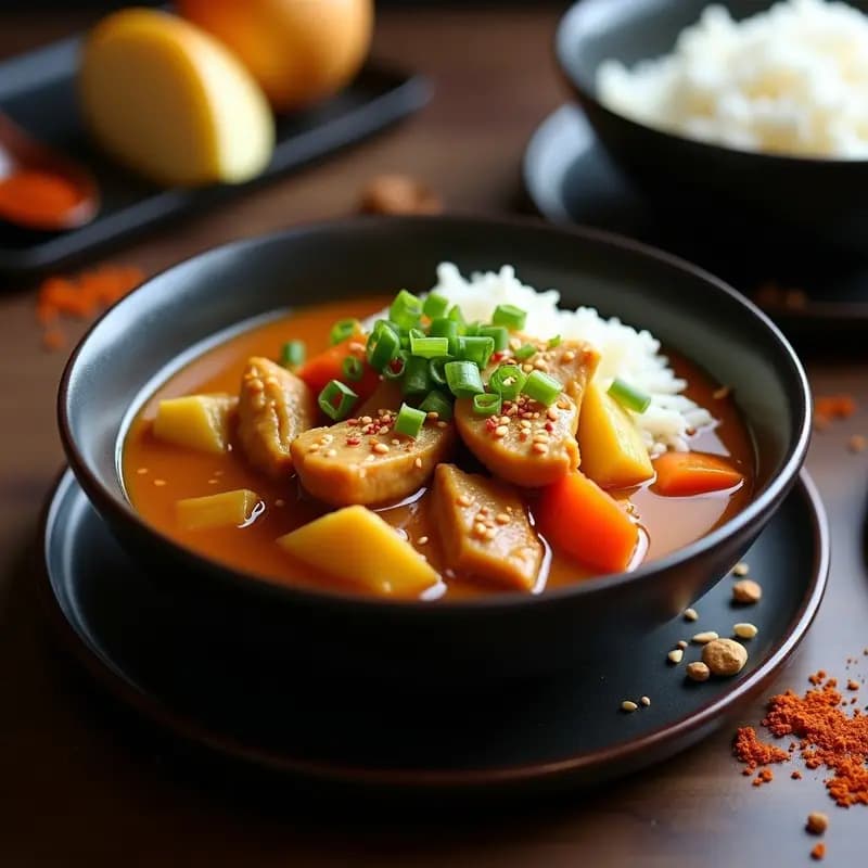 Plato hondo de cerámica negra con Shichimen Chukaku japonés: curry espeso de color dorado con trozos de pollo muslo, cubos de manzana Fuji y zanahoria, servido sobre arroz blanco. Decorado con semillas de sésamo y cebollino, con un fondo de especias y utensilios de madera.