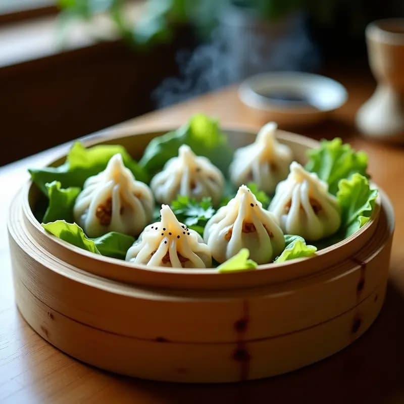 Shu mai veganos al vapor con relleno de champiñones portobello y castañas de agua, servidos sobre hojas de lechuga fresca y decorados con cilantro, en una vaporera de bambú tradicional china.