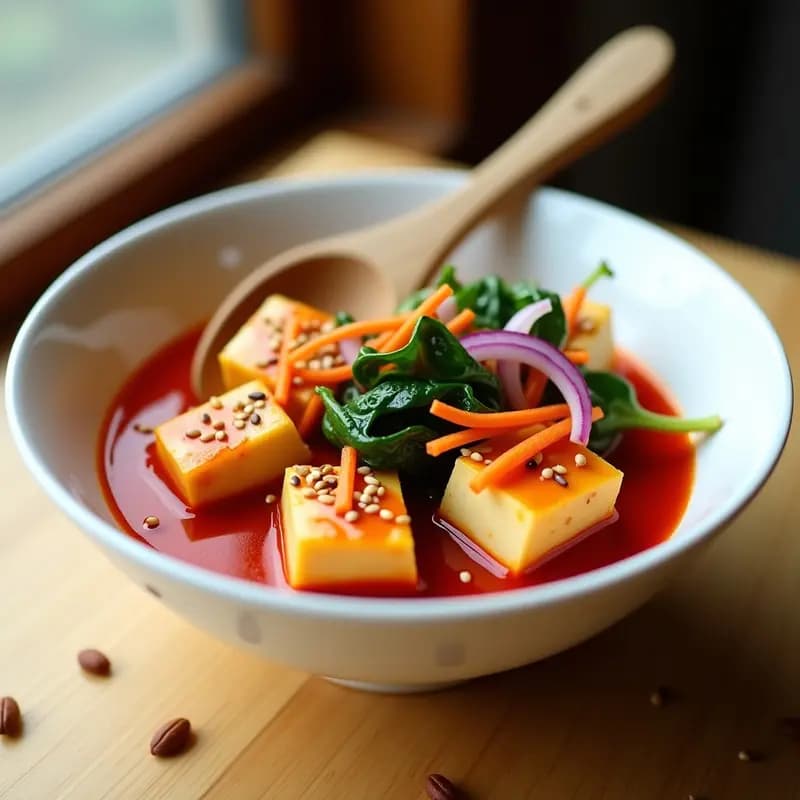 Plato blanco con Siggum Tofu dorado y crujiente, cubierto de salsa gochujang roja brillante, acompañado de pimiento rojo y cebolla morada salteados. Decorado con semillas de sésamo y cebollino fresco. Receta coreana picante para desayuno.