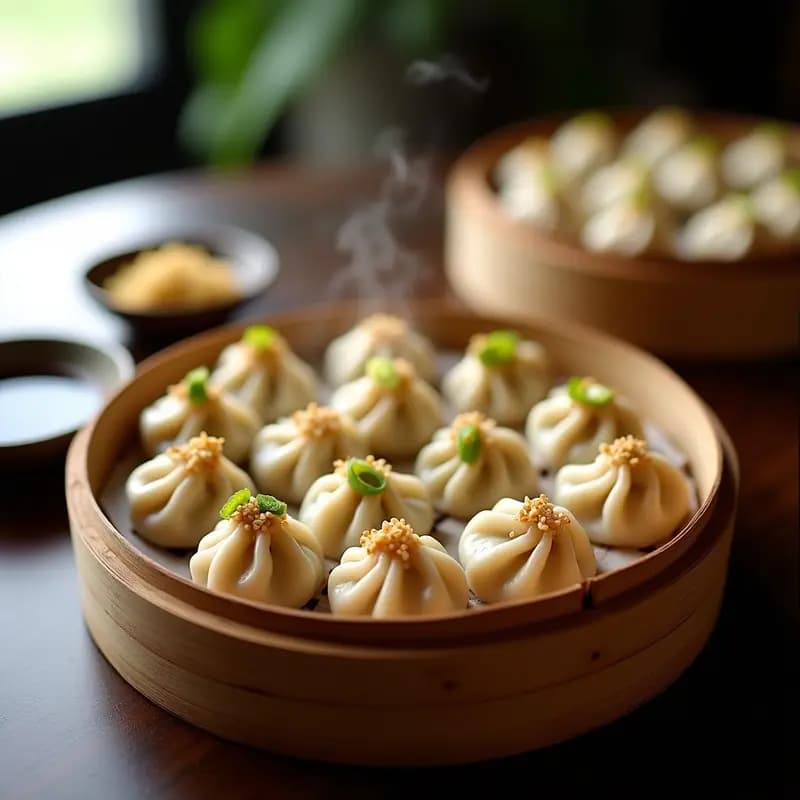 Siu Mai veganos al vapor en vaporera de bambú, rellenos de champiñones y tofu, con semillas de sésamo y cebollino. Receta china de champiñones y tofu con salsa de soja y jengibre.