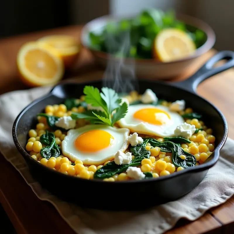 Sartén antiadherente con smatak iraní: revuelto cremoso de huevos con espinacas frescas, trozos de queso feta y cilantro picado, servido con una cucharada de madera. Plato tradicional persa rápido y saludable.
