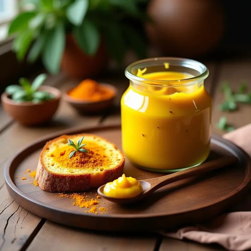 Tarros de vidrio con smen moruno fermentado, mantequilla cremosa de color dorado con especias visibles, servido en un plato rústico con pan tradicional y hierbas frescas.