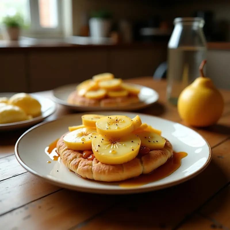 Smoor Broodje holandés abierto mostrando pan brioche tostado dorado, queso Gouda fundido cremoso, láminas de manzana verde con miel y canela, y nueces picadas espolvoreadas, servido en un plato rústico de madera con fondo desenfocado.