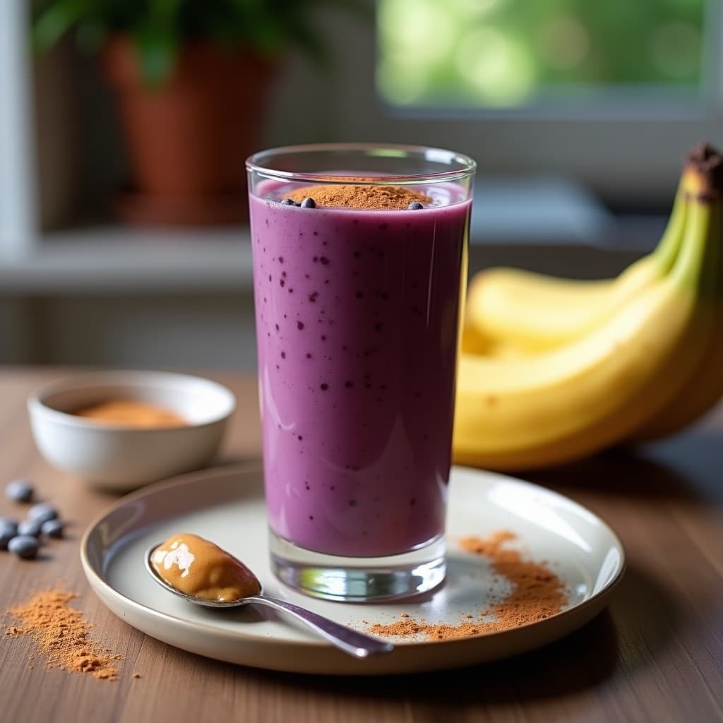 Vaso alto de cristal con smoothie de açaí, banana y mantequilla de almendras, de color morado intenso, decorado con semillas de chía y una pizca de canela sobre una mesa de madera con ingredientes al lado: plátano, cucharada de mantequilla de almendras y puré de açaí.