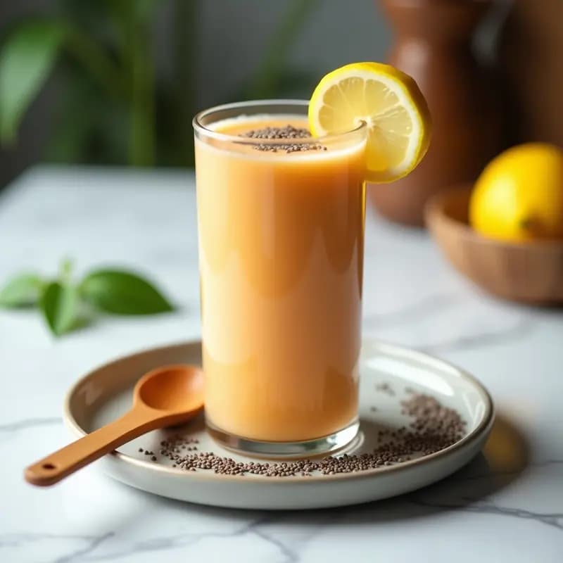 Vaso alto transparente con smoothie de acerola y camu camu con semillas de chía, bebida brasileña superalcalina de color naranja claro, decorado con semillas de chía en la superficie y una rodaja de limón al lado. Fondo blanco con detalles de hojas verdes.