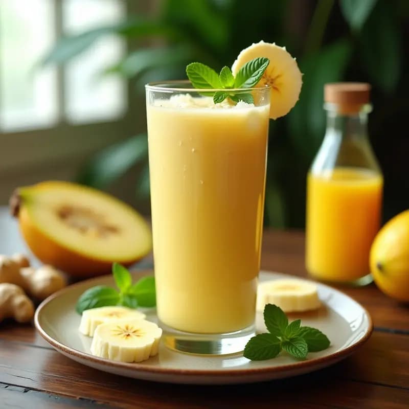 Vaso alto transparente con smoothie cremoso de color blanco amarillento, decorado con una rodaja de plátano y hojas de menta, sobre una mesa de madera con ingredientes como guanábana, acerola y jengibre al fondo.