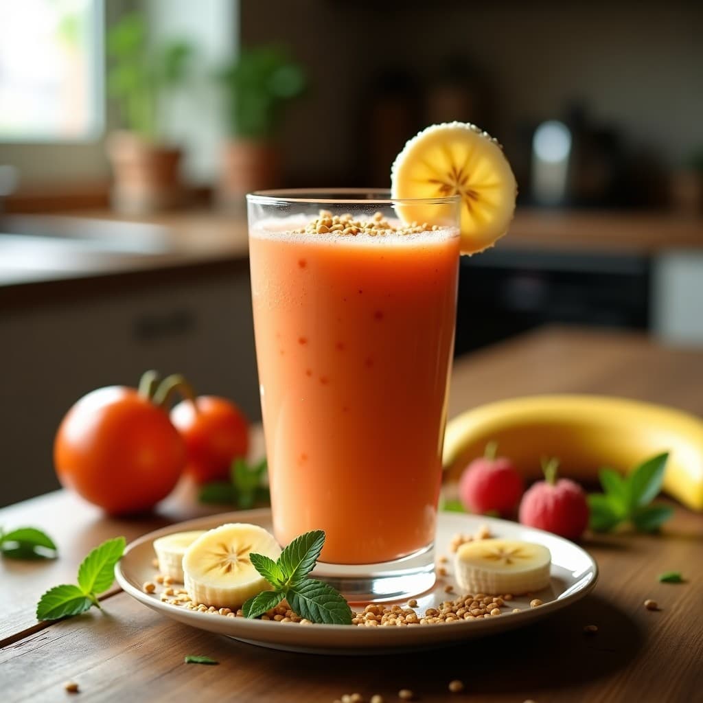 Vaso alto transparente con smoothie de acerola y yogur de soya, de color naranja vibrante, decorado con semillas de lino y una rodaja de plátano, sobre una mesa de madera con hojas de menta fresca y un fondo borroso de cocina moderna.