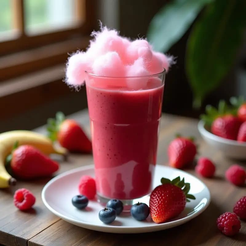 Vaso alto transparente con smoothie de color rojo intenso, decorado con algodón de azúcar blanco sin azúcar en la parte superior. Alrededor, fresas, arándanos y frambuesas frescas sobre una mesa rústica de madera. Luz natural que resalta los colores vibrantes de la bebida vegana sin azúcar para niños.