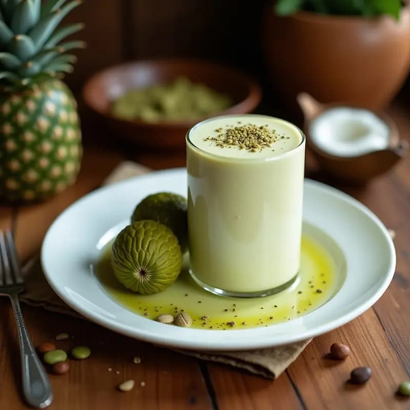 Vaso alto transparente con smoothie cremoso de color beige claro, decorado con semillas de moringa y trozos de coco rallado, servido sobre una mesa de madera con ingredientes al fondo: plátano, polvo de baobab y leche de coco.