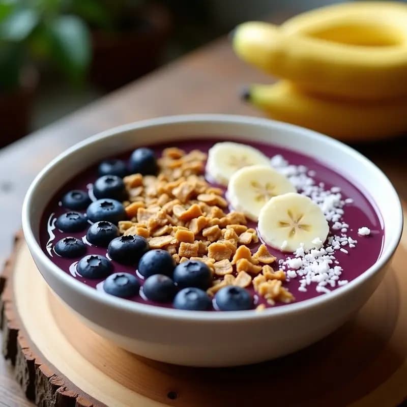 Bol de cerámica blanca lleno de smoothie bowl de açaí y plátano, con toppings de granola, arándanos, coco rallado y mantequilla de cacahuete, sobre una mesa de madera con fondo desenfocado.