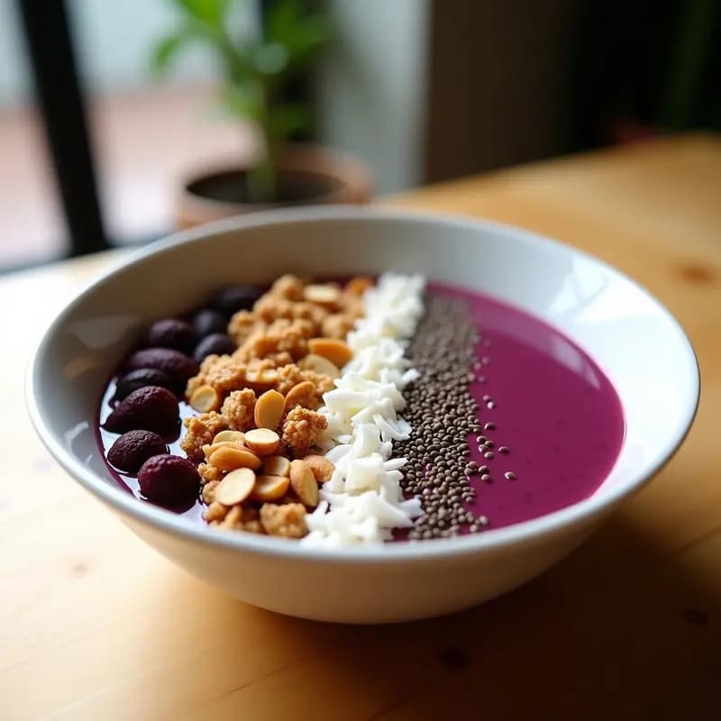 Smoothie bowl de açaí vegano en bol blanco con base morada oscura, decorado con granola, semillas de chía, coco rallado, almendras fileteadas, higos secos y cacao nibs sobre fondo de madera clara.
